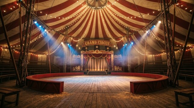 Vibrant circus tent background featuring a wooden floor and glowing string lights.
