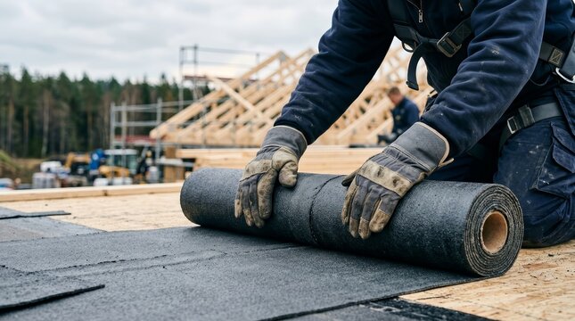 Construction worker spreading roofing material on a flat roof surface for building maintenance.