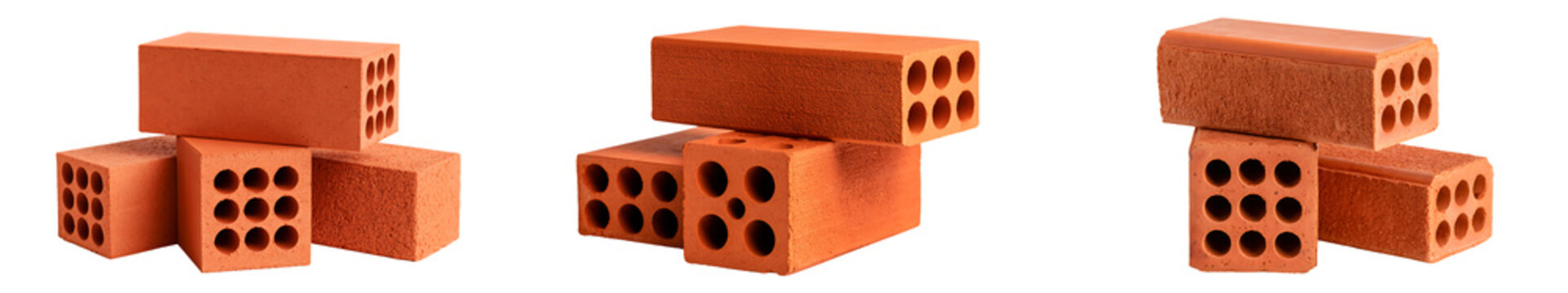 Red perforated clay bricks stacked on a transparent background