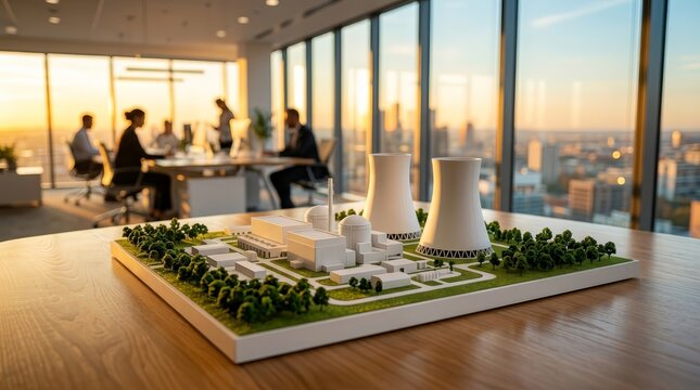 Clean energy design concept featuring a miniature nuclear station model in a modern office.