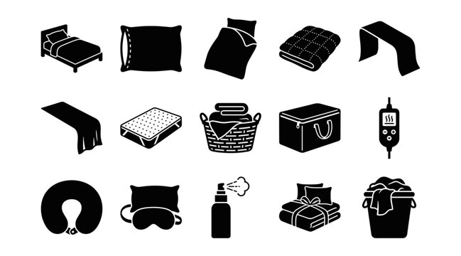 Black bedding and linen icon set for bedroom and textile concepts