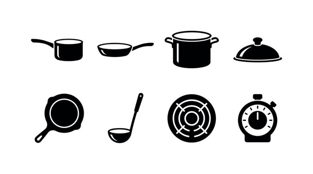Cooking Pan Essentials, solid glyph icon set featuring saucepan, frying pan, stockpot, pot lid, skillet, ladle, stove burner, kitchen timer, covering cookware, kitchenware, cooking utensils, food