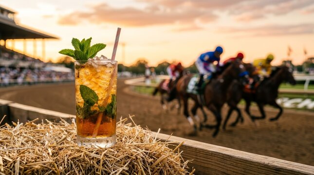 A fresh mint julep beverage glass served during a horse race at sunset.