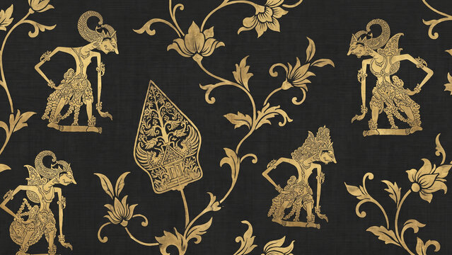 Vintage background with floral ornament. This is a "batik wayang" from Indonesia. A background featuring Indonesian batik. Premium-quality brown & gold batik. Suitable for use as wallpaper.