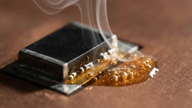 Surface mount resistor showing boiling amber liquid flux surrounding its metallic pad in extreme macro close-up