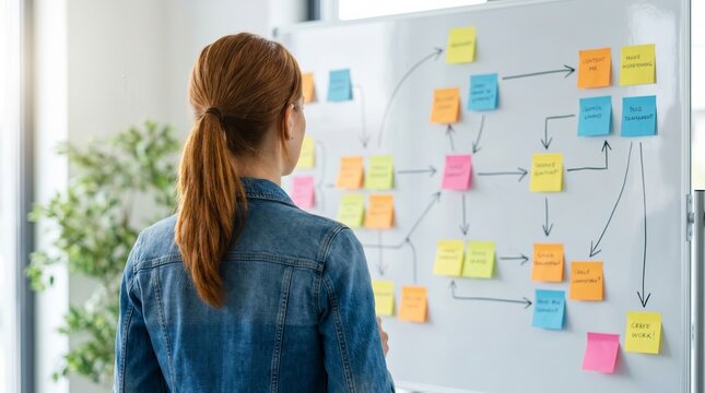 A professional woman uses systems thinking and colorful papers to plan project management strategy.