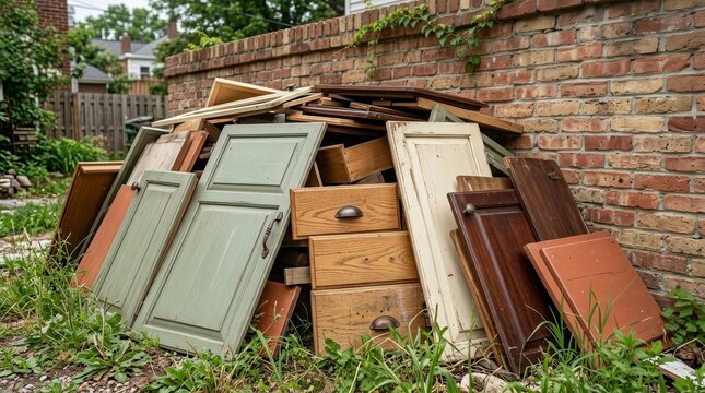 Discarded furniture junk and clutter in a backyard near a house for recycling.