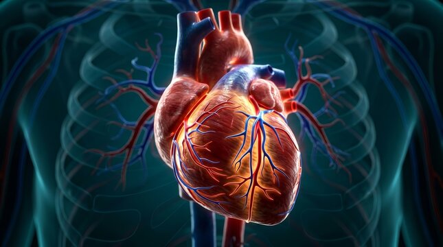 Anatomy of the heart organ showing blood circulation and veins for medical science.