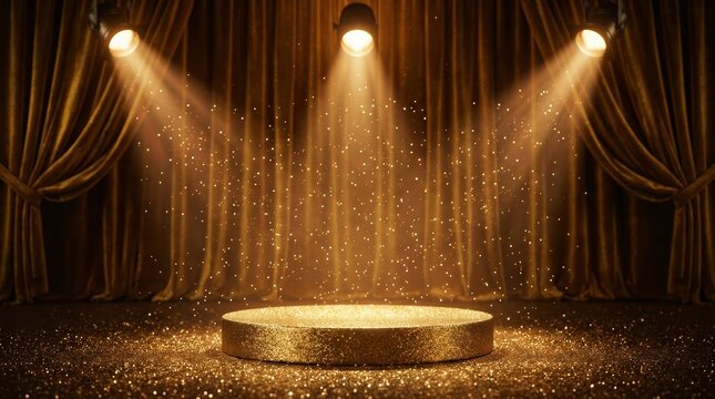 Luxurious festive background featuring golden curtains and an empty podium.