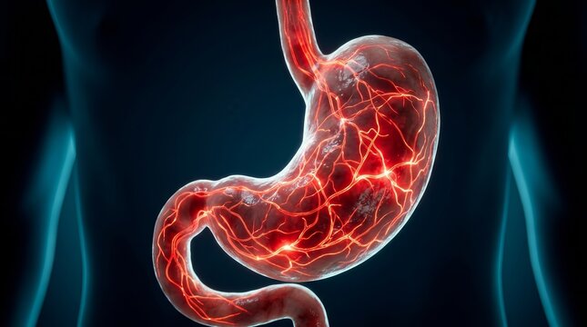 Human stomach anatomy showing a glowing red nervous system network.