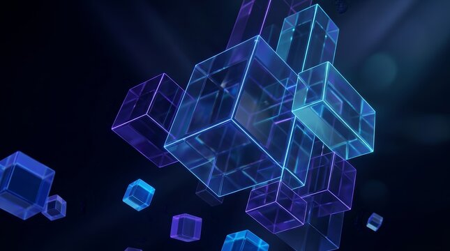 Glowing blue and purple geometric blocks in an abstract 3D render