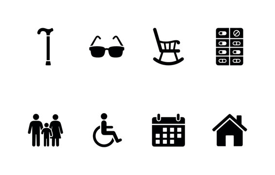 Senior Lifestyle Symbols, solid glyph icon set featuring walking cane, glasses, rocking chair, medicine organizer, heart, tea cup, calendar, home, covering senior citizens, elderly lifestyle, aging,