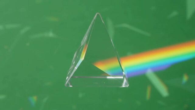 Glass pyramid prism dispersing light into rainbow spectrum, scientific physics experiment with optical refractors on solid green background, close up studio shot of geometrical object
