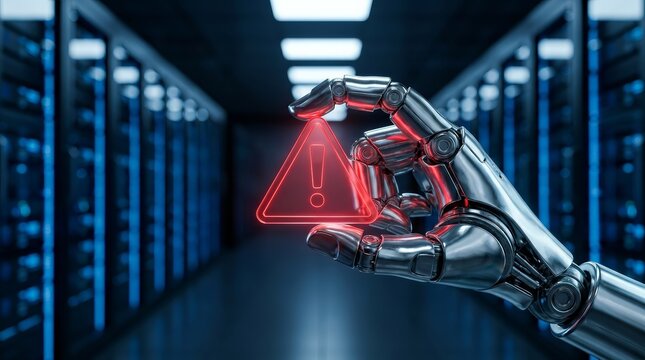 Future tech threats and automation hazards represented by a robot hand grasping a red caution symbol.