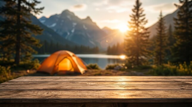 Summer holiday and leisure concept featuring a wooden table with a tent and mountains in the background.