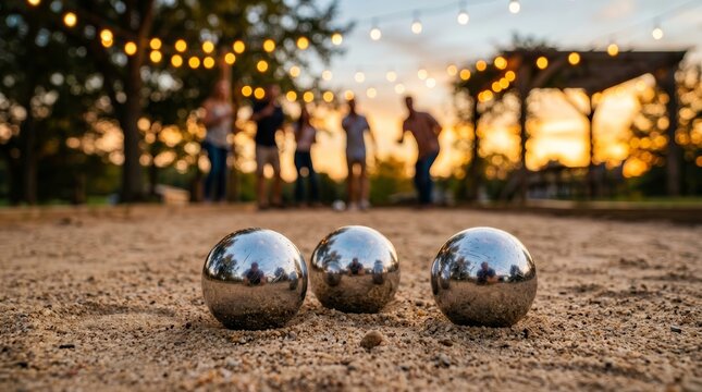 People enjoy an outdoor bocce game under string lights during an evening leisure activity.