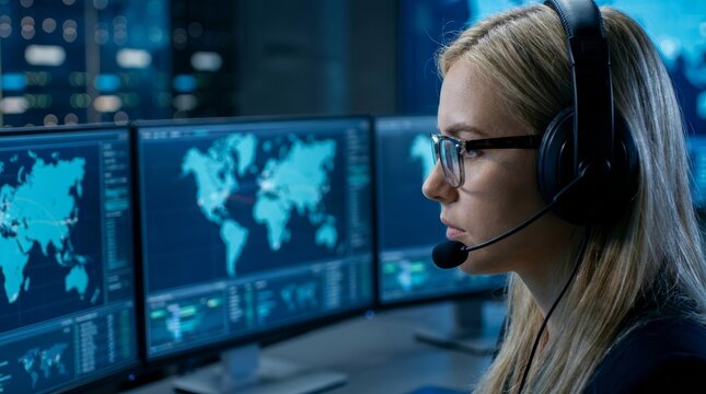 Digital control center operator managing critical emergency response information on multiple monitors.