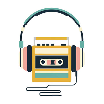 A classic portable cassette player with large over-ear headphones connected by a wire. Mustard yellow, teal, blush pink, and ivory color palette. 90s retro vibes. minimalist flat vector artwork,