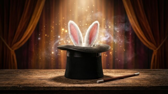 A magician's top hat sits on a wooden surface with rabbit ears and shimmering particles.