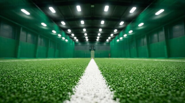 Expansive sports facility with artificial turf and protective nets for athlete training.