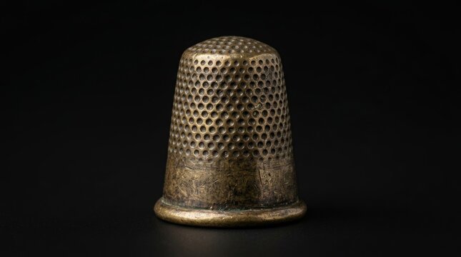 Vintage brass sewing thimble with a pitted texture on a black background.