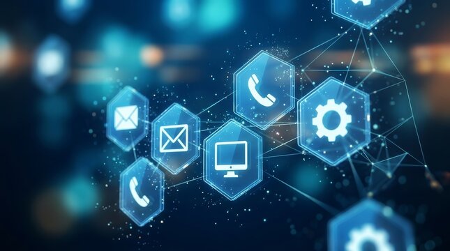 Digital communication network showing email, phone, and settings icons for customer support.