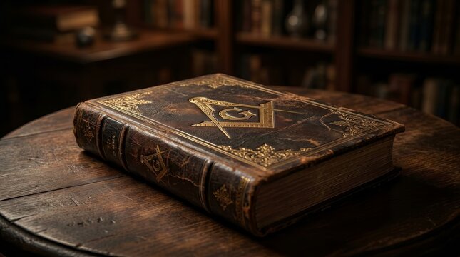Antique leather bound volume featuring a gold Masonic compass, square, and letter G.