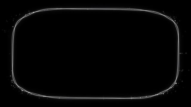 Glowing rounded rectangle border with sparkling particles on black background abstract digital animation futuristic overlay