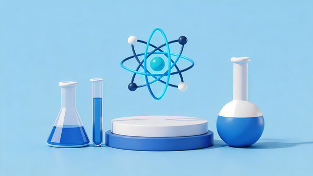 Scientific experiment setup with floating atom model on blue background