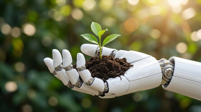 Artificial intelligence and future tech merge with ecology to promote sustainability concepts.