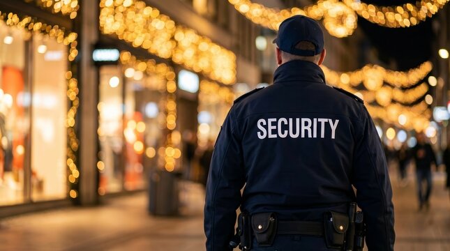 A vigilant security guard watches over a shopping area during a festive evening.