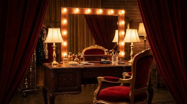 Backstage stage area featuring a red velvet chair and plush red curtains.
