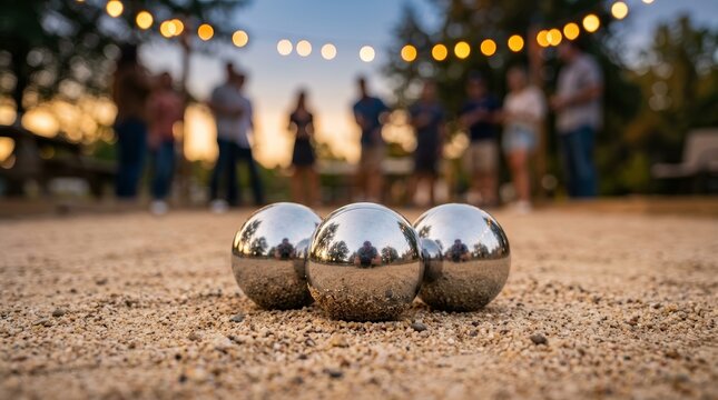 People enjoy an outdoor bocce game under string lights during an evening leisure activity.