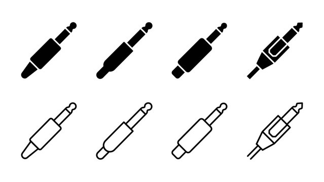 Audio Jack Connectors: A set of vector icons showcasing various audio jack plugs and sockets in both solid black and outline styles, perfect for technical and audio-related designs.