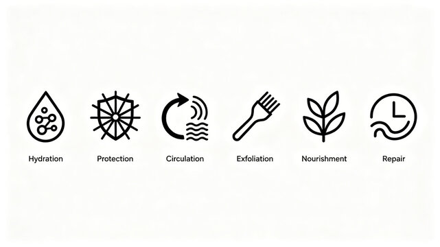 The minimalist line skincare efficacy vector icon group represents moisturizing protection, rejuvenation, and repair, suitable for showcasing beauty details and product selling points.
