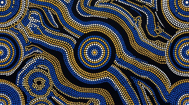 Organic pattern of wavy stripes and circles in Australian aboriginal dot painting style.