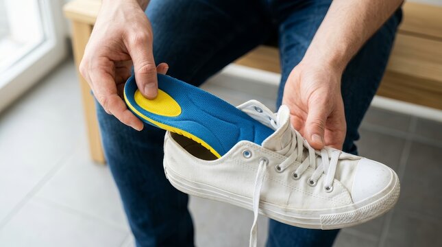 A person places a custom blue shoe insert into white sneakers to improve walking and running comfort.