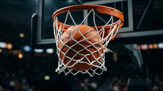 Close up of a basketball going through the hoop and net during a game.