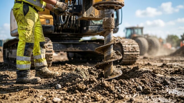Geotechnical analysis at a construction site using a drill rig for foundation testing.