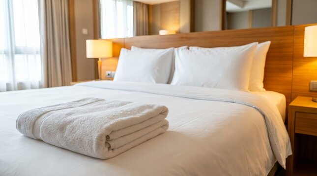 Clean white sheets and folded towels placed on a bed in a luxurious hotel room.