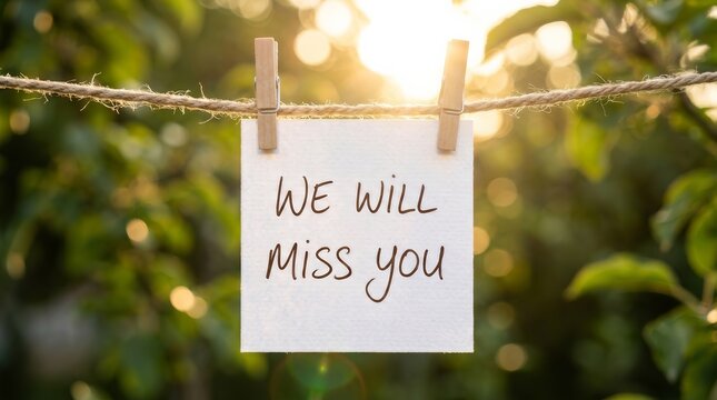 Farewell concept with a goodbye note attached to a string against a blurred green nature background.