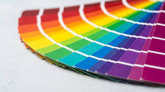 A palette guide with many color samples arranged on a white concrete background.