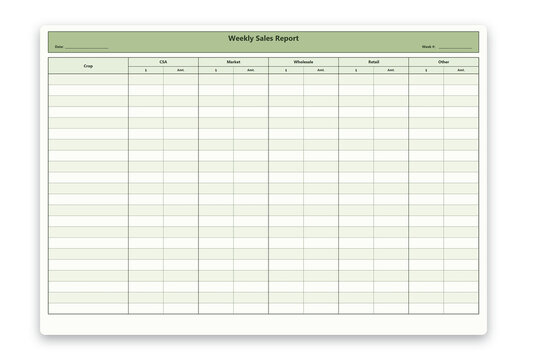 Weekly sales report spreadsheet template for crop farming business management and tracking agricultural revenue data transparent background