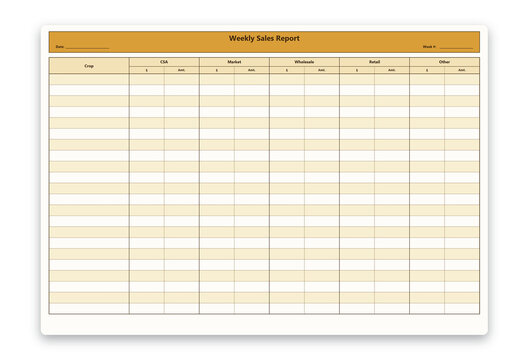 Weekly crop sales report document used for tracking agricultural revenue across various diverse market channels transparent background