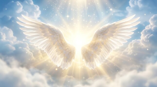 Heavenly scene featuring a pair of white angel wings and glowing sparkles in the clouds.