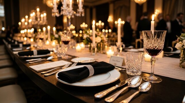 Formal place setting featuring silverware, white plates, and black napkins at a festive event.