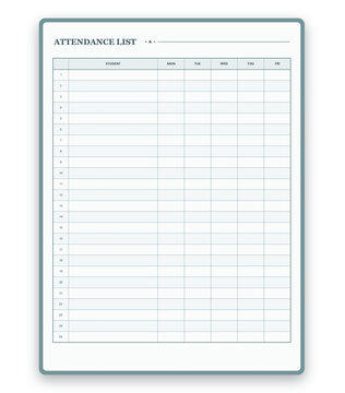Minimalist student attendance list tracker template for weekly school classroom and professional administrative management use transparent background