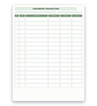 Blank checkbook transaction register template for financial accounting and personal business money management transparent background