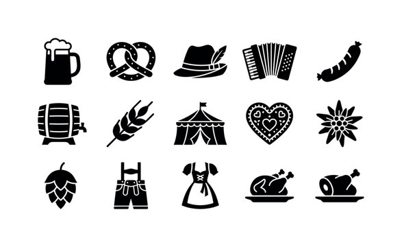 Oktoberfest Festival Icons, solid glyph icon set featuring beer mug, pretzel, alpine hat, accordion, sausage, beer barrel, wheat sprig, festival tent and decorative heart, covering Oktoberfest,