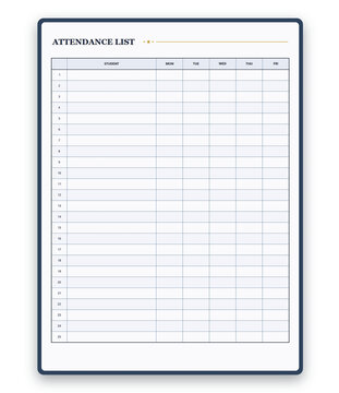 Simple weekly student attendance list template for classroom organization and school academic record tracking transparent background